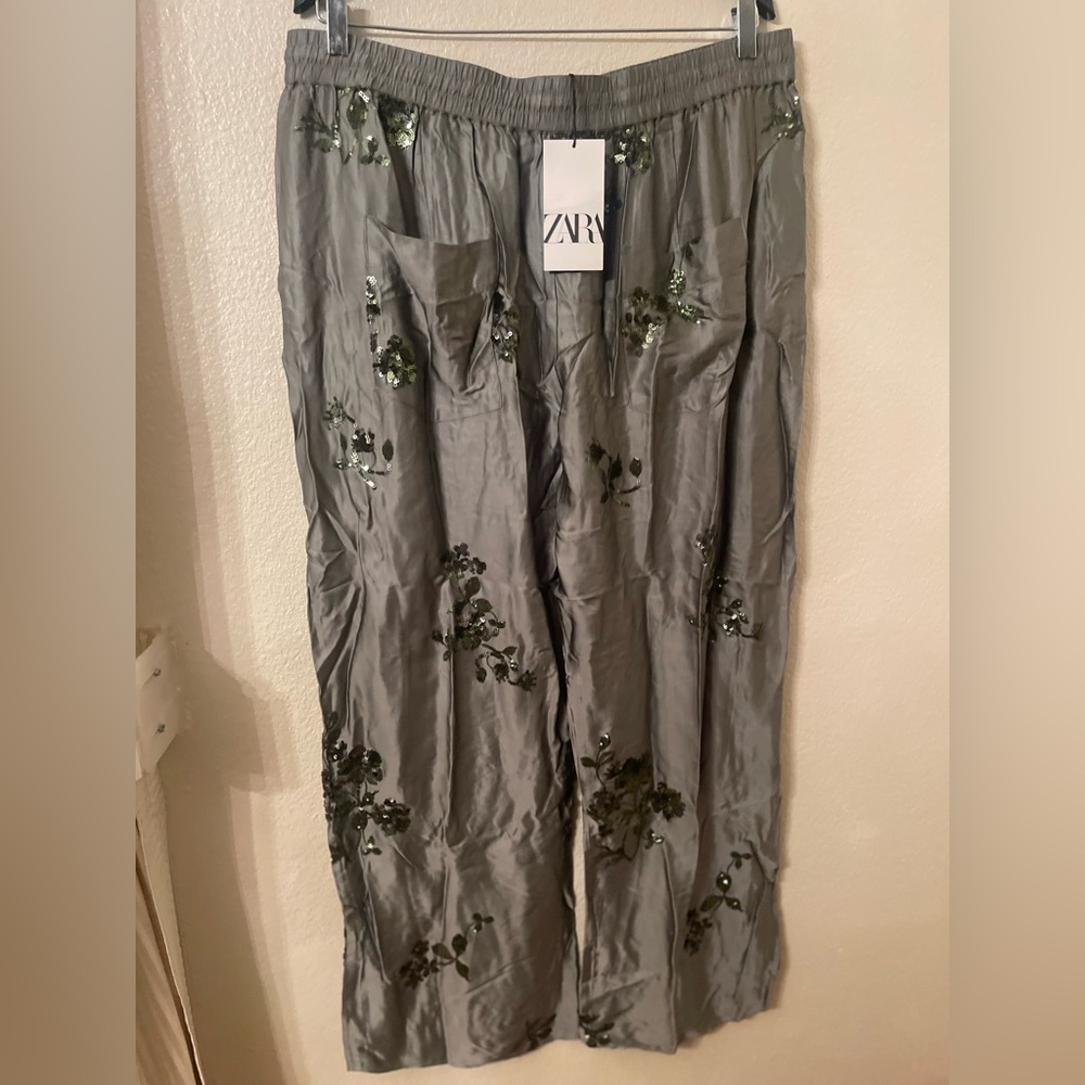 Zara sequin satin effect Embroidered sequin Olive Green Satin Pants NWT XXL - Picture 10 of 10